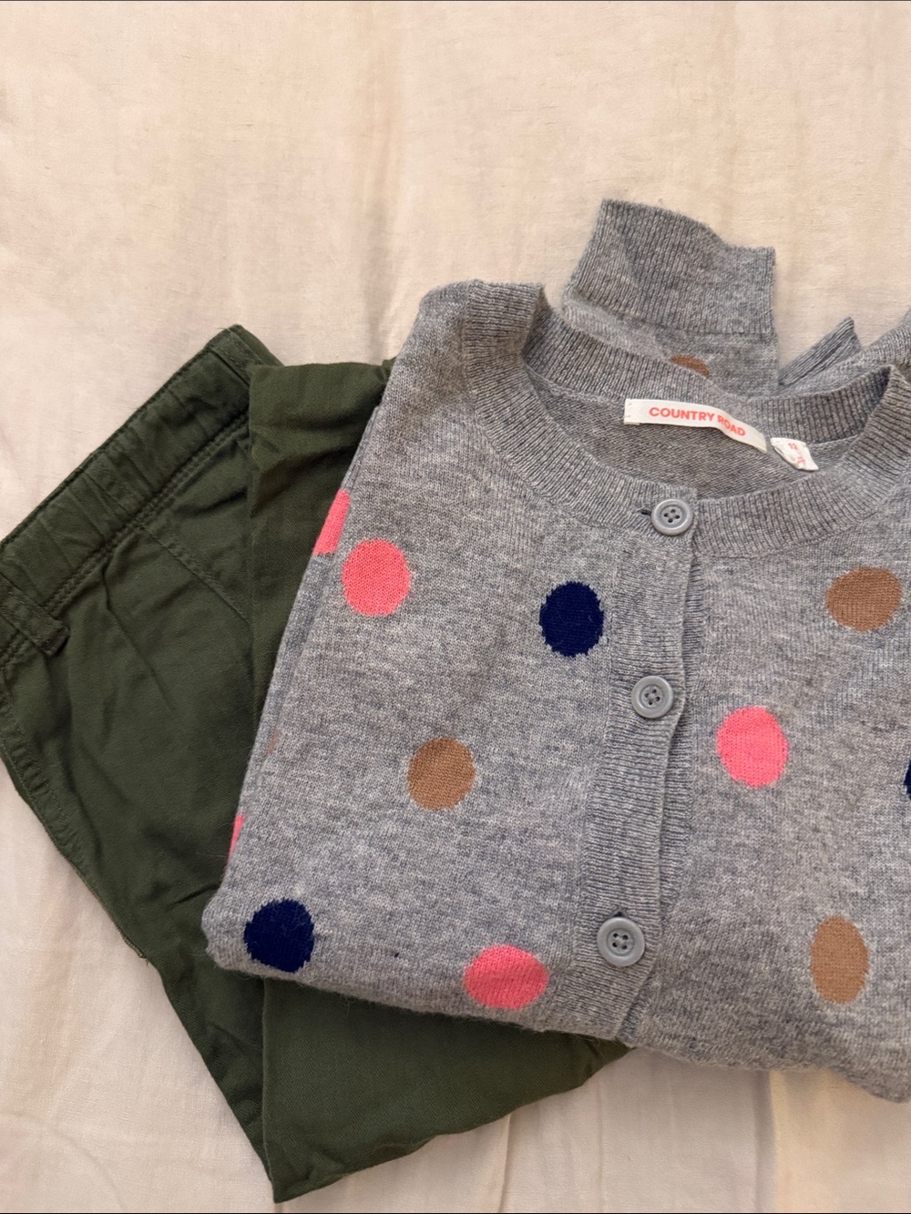 Crewcuts Girls Olive Cargo Pants & CR Grey wool cardigan.